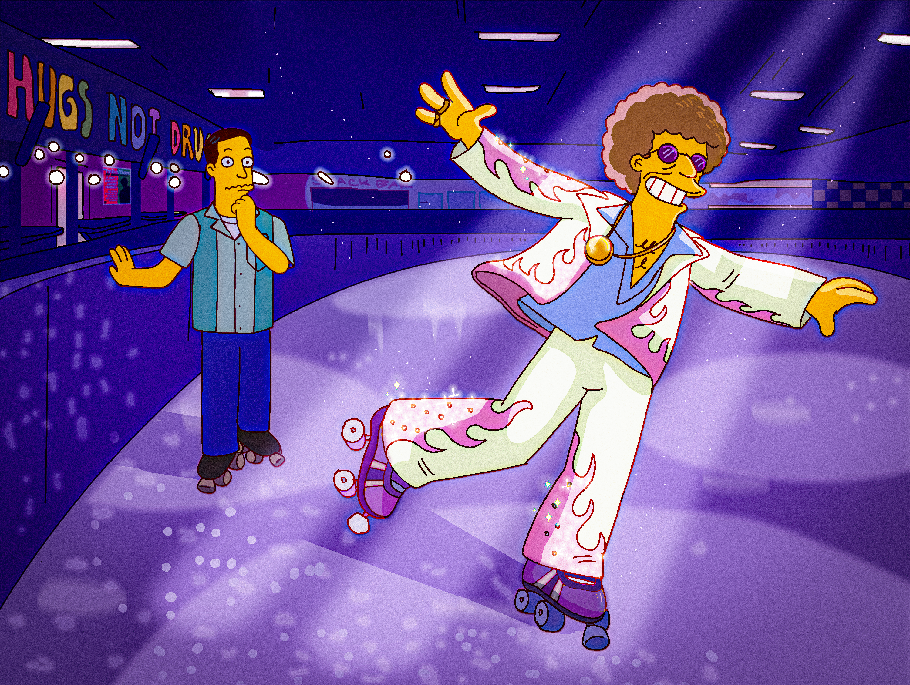 A painting by Avital Shtapura of Disco Stu and John (Homer's Phobia) from The Simpsons at a roller rink.